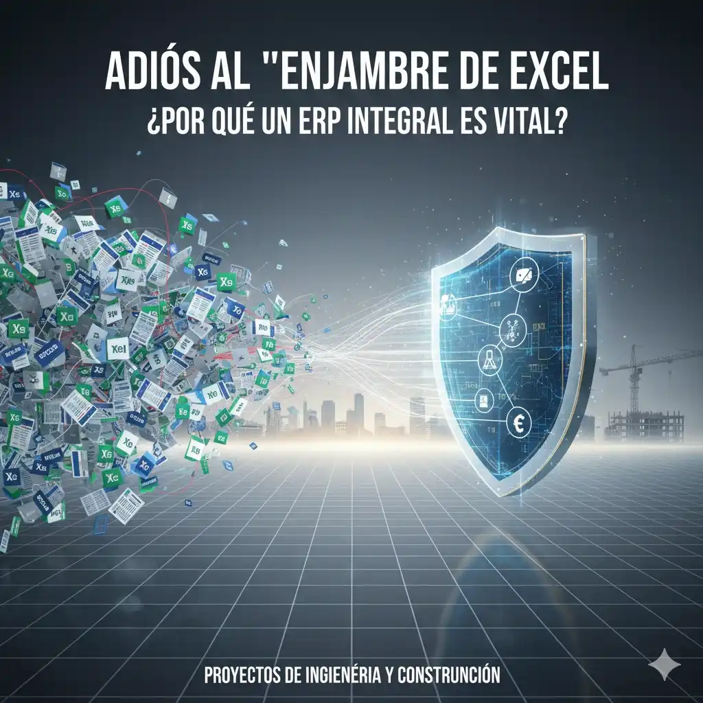 Ilustración de un ERP reemplazando múltiples archivos Excel en gestión de construcción.